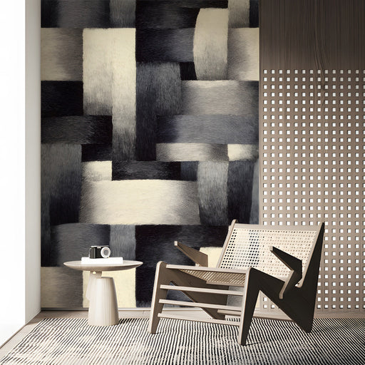 Modern study featuring a woven textured mural on the main accent wall