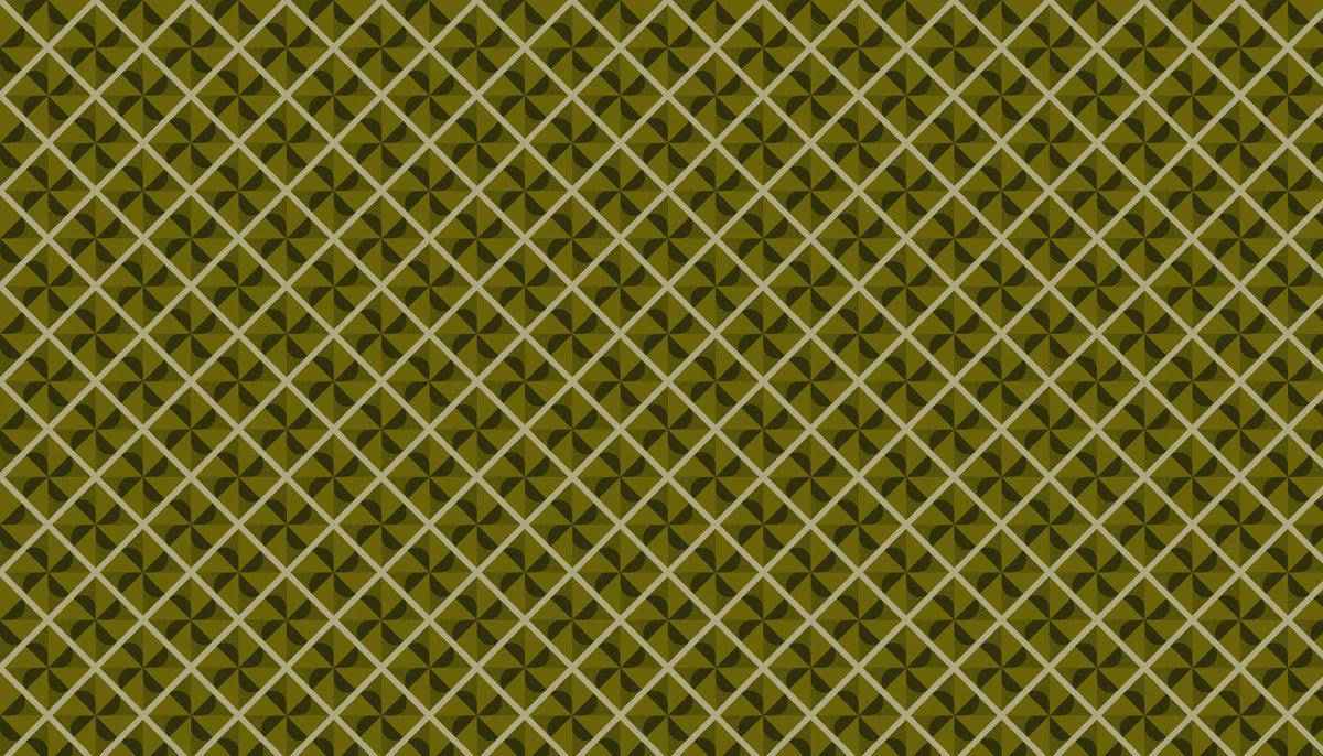 A geometric wallpaper pattern featuring a lattice of olive and moss green squares with central petal motifs.