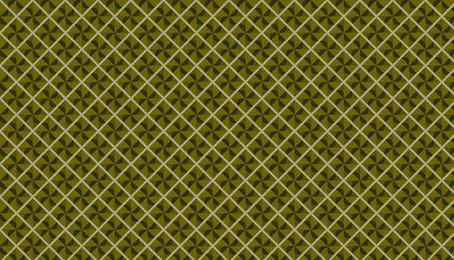 A geometric wallpaper pattern featuring a lattice of olive and moss green squares with central petal motifs.