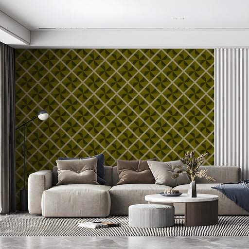 Geometric olive green wallpaper in a cozy commercial space with wooden mid-century desk furniture.