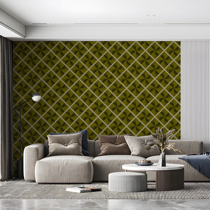 Geometric olive green wallpaper in a cozy commercial space with wooden mid-century desk furniture.