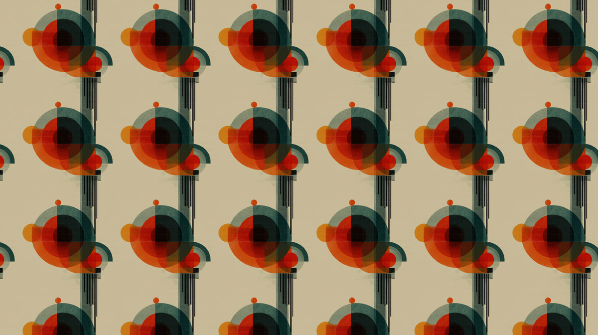 A repeating geometric pattern of burnt orange and teal circles on a beige background with vertical black lines.