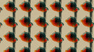A repeating geometric pattern of burnt orange and teal circles on a beige background with vertical black lines.