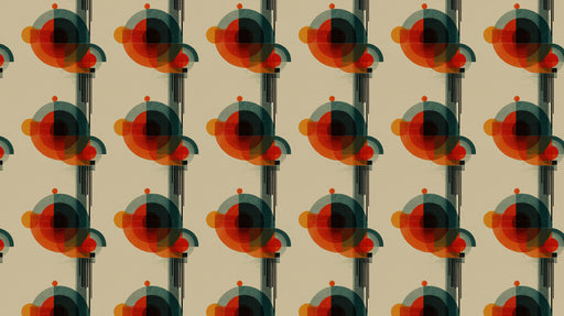 A repeating geometric pattern of burnt orange and teal circles on a beige background with vertical black lines.