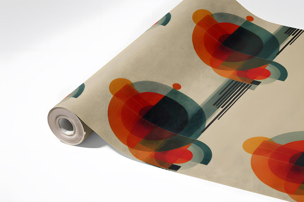 Retro-inspired abstract wallpaper featured on an accent wall in a quiet home office space.