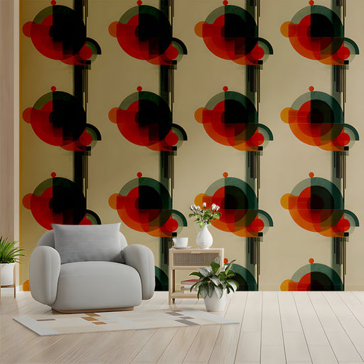 Geometric circle mural installed in a modern home office with mid-century wooden furniture.