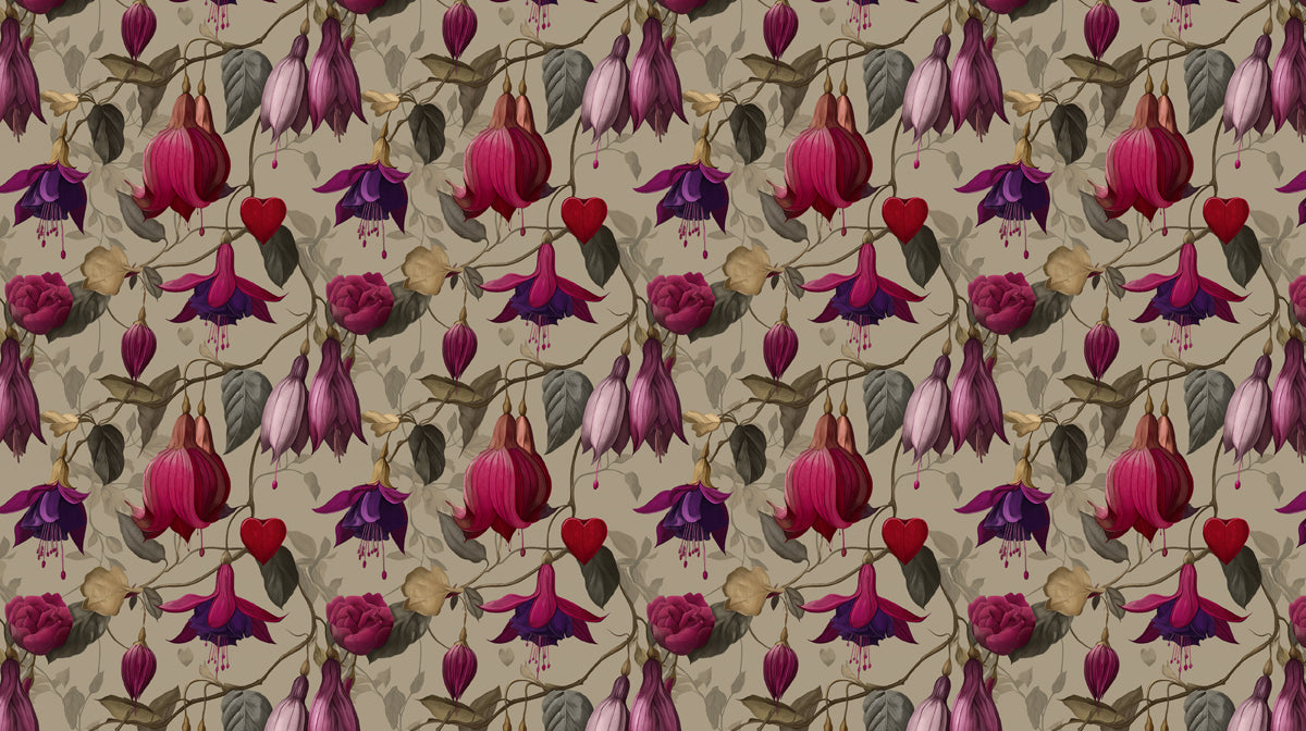 Floral pattern wallpaper with fuchsia flowers and small red hearts on a warm taupe background