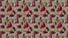 Floral pattern wallpaper with fuchsia flowers and small red hearts on a warm taupe background