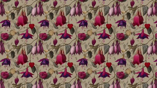 Floral pattern wallpaper with fuchsia flowers and small red hearts on a warm taupe background