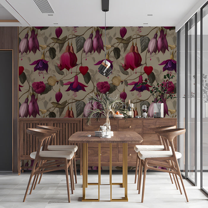 Inviting dining room space decorated with a romantic fuchsia and heart patterned mural