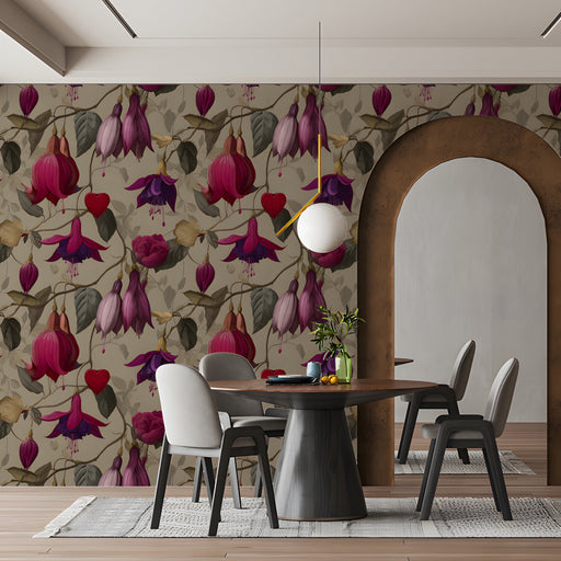 Close-up of a floral dining room wall featuring fuchsia flowers and muted heart motifs