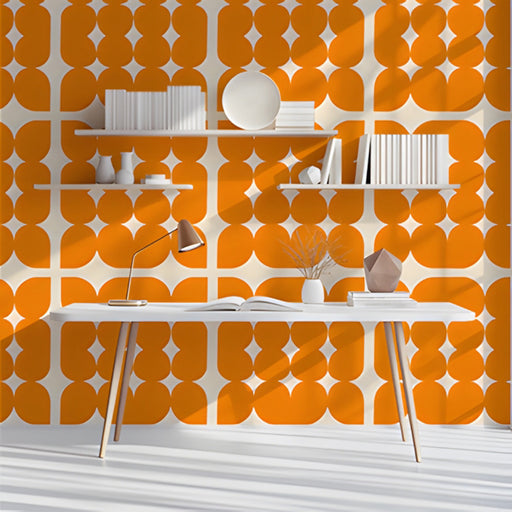A cozy kitchen study with retro orange grid wallpaper styling.