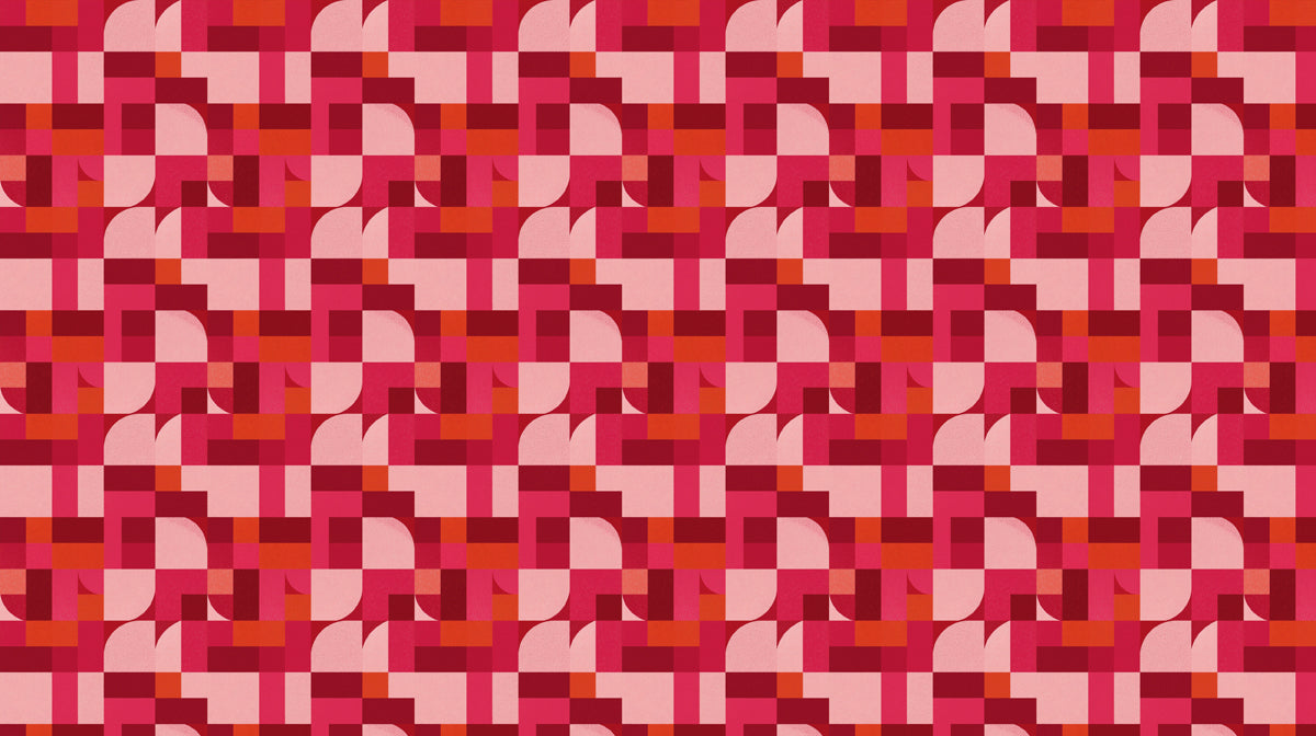 Abstract geometric pixel pattern with repeating red, pink, and orange circles and squares