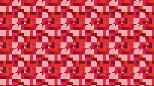 Abstract geometric pixel pattern with repeating red, pink, and orange circles and squares