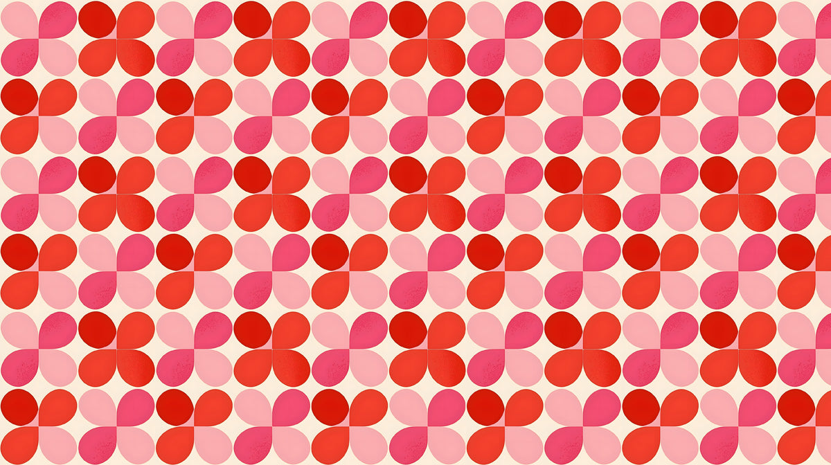 Retro geometric floral wallpaper with repeating red and pink rounded petals on cream