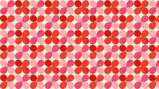 Retro geometric floral wallpaper with repeating red and pink rounded petals on cream