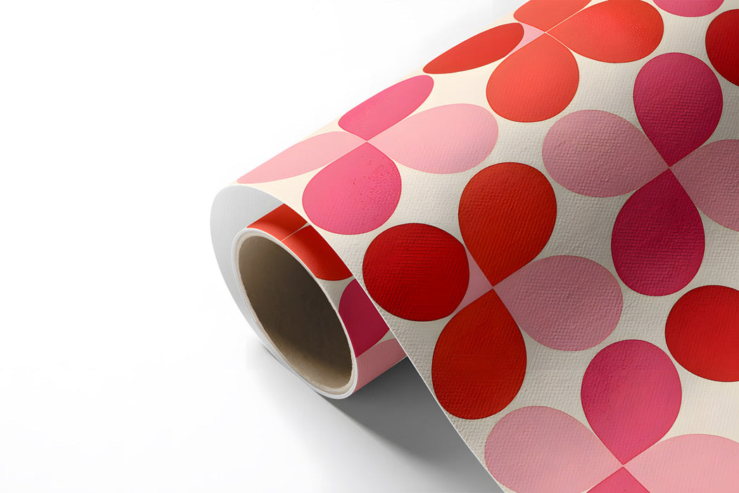 Bright dining room featuring a colorful mid-century geometric petal wallpaper