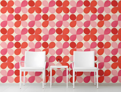 Modern living room with a red and pink retro floral wallpaper feature wall