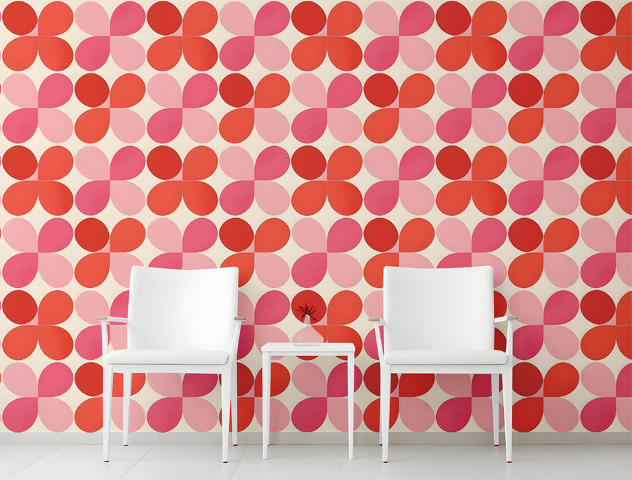Modern living room with a red and pink retro floral wallpaper feature wall