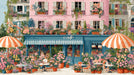 A whimsical illustration of a Parisian cafe facade with pink walls, navy blue storefront, orange striped umbrellas, and abundant flowers
