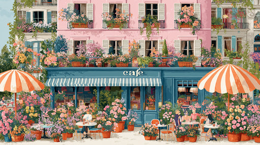 A whimsical illustration of a Parisian cafe facade with pink walls, navy blue storefront, orange striped umbrellas, and abundant flowers