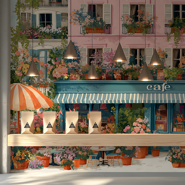 A sunlit shop decorated with a vibrant Parisian cafe wall mural
