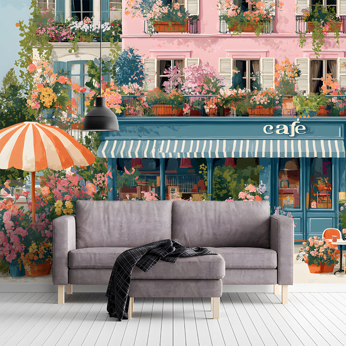 A cozy  living room featuring a Parisian flower cafe mural on the main feature wall