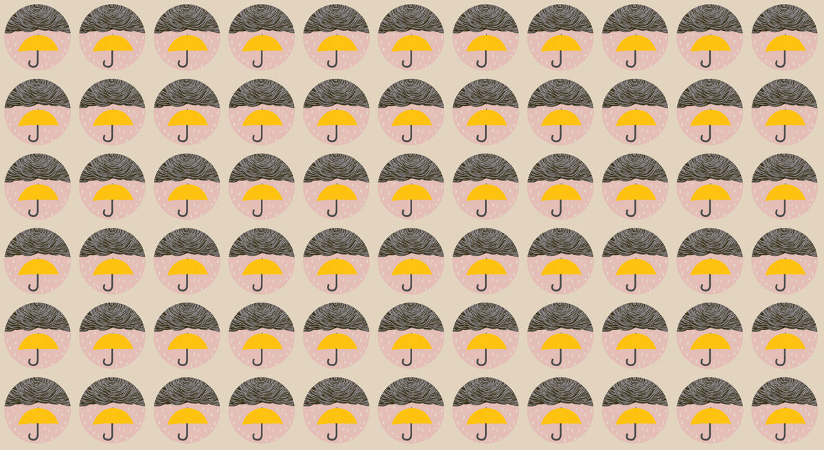 A repeating pattern of circles featuring hand-drawn gray rain clouds, white rain drops, and bright yellow umbrellas on a beige background