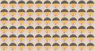 A repeating pattern of circles featuring hand-drawn gray rain clouds, white rain drops, and bright yellow umbrellas on a beige background