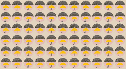 A repeating pattern of circles featuring hand-drawn gray rain clouds, white rain drops, and bright yellow umbrellas on a beige background