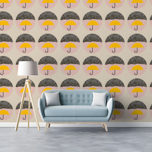 Playful graphic wallpaper design in a bright, modern study with a neutral console table