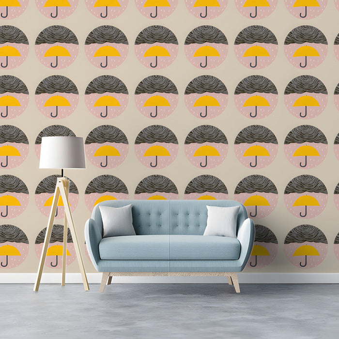 Playful graphic wallpaper design in a bright, modern study with a neutral console table