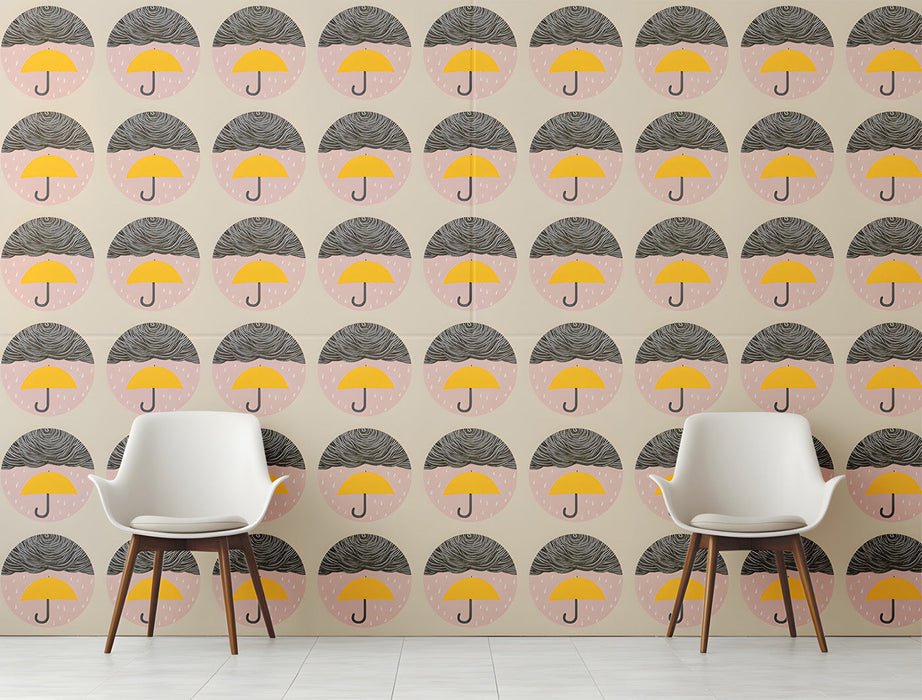 Whimsical umbrella pattern wallpaper installed in a modern entryway with a minimalist desk