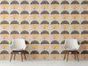 Whimsical umbrella pattern wallpaper installed in a modern entryway with a minimalist desk