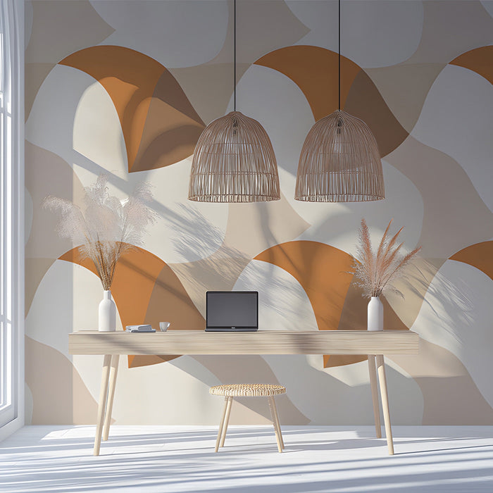 Minimalist bedroom with abstract wave wallpaper in earthy neutral tones