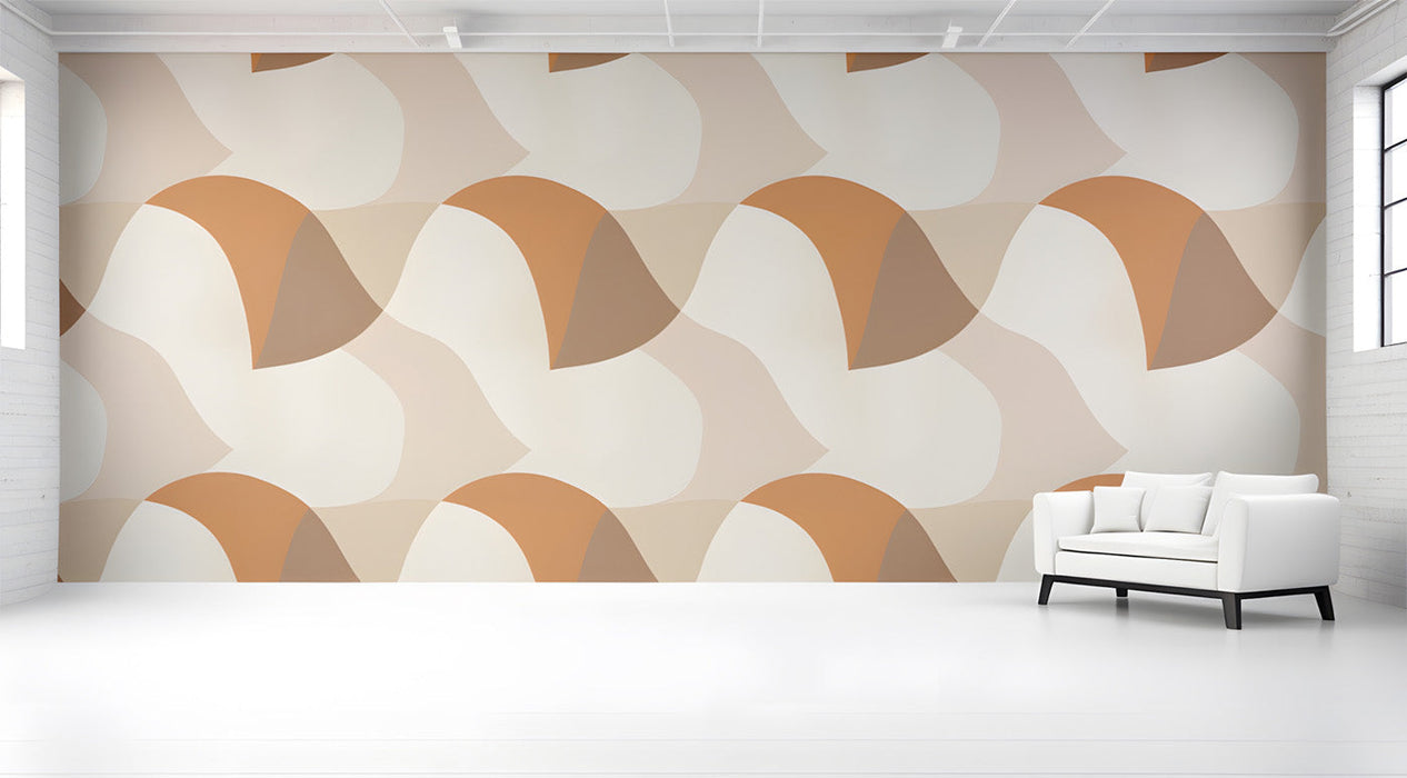 Modern hallway featuring a warm geometric wave mural on the sofa wall