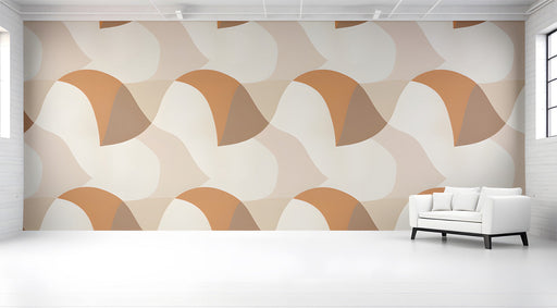 Modern hallway featuring a warm geometric wave mural on the sofa wall