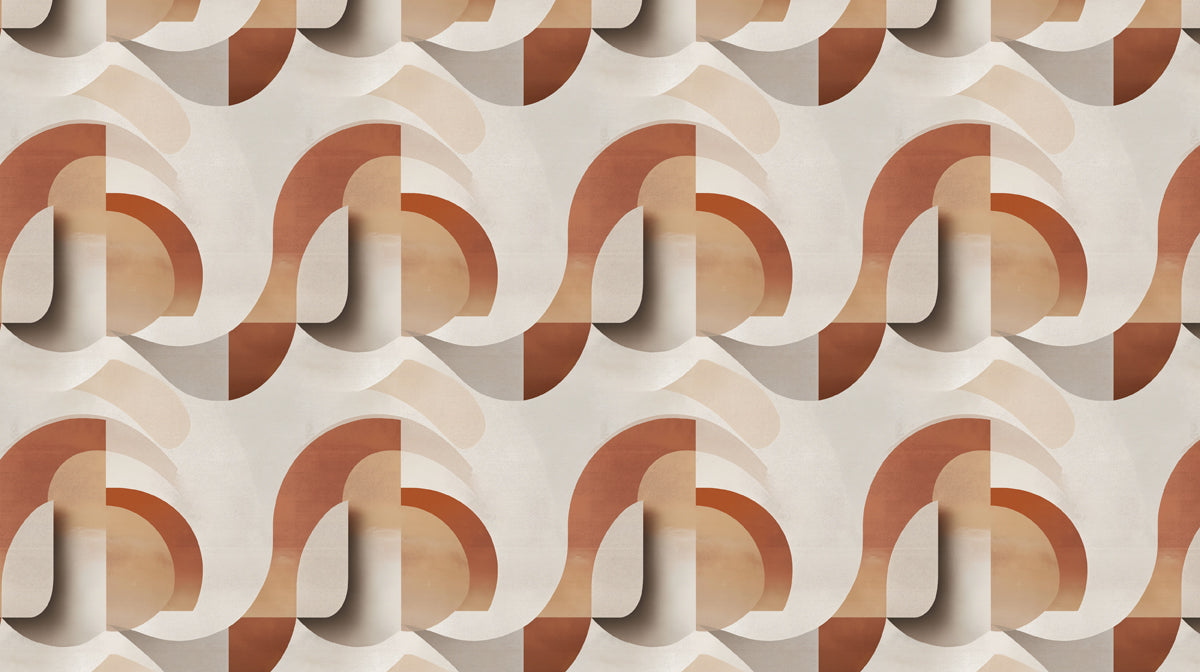 Abstract geometric wallpaper pattern with terracotta arches and soft beige shadows