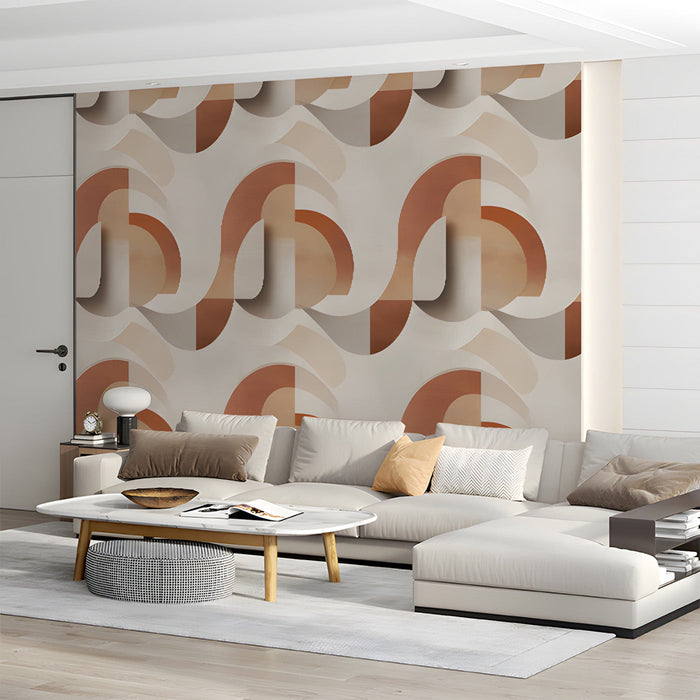 Terracotta archway geometric wallpaper installed in a modern minimalist living room