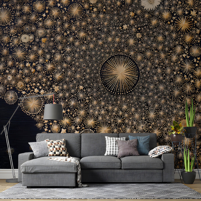 A moody library or living room featuring the gold starburst celestial mural as a statement focal point.