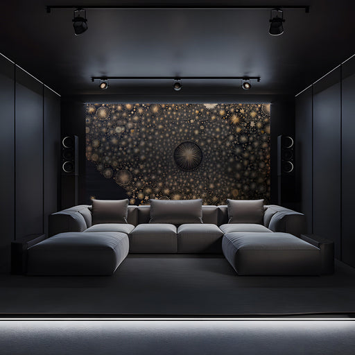 A cozy home theatre wall featuring the charcoal and gold starburst wallpaper as a dramatic headboard backdrop.