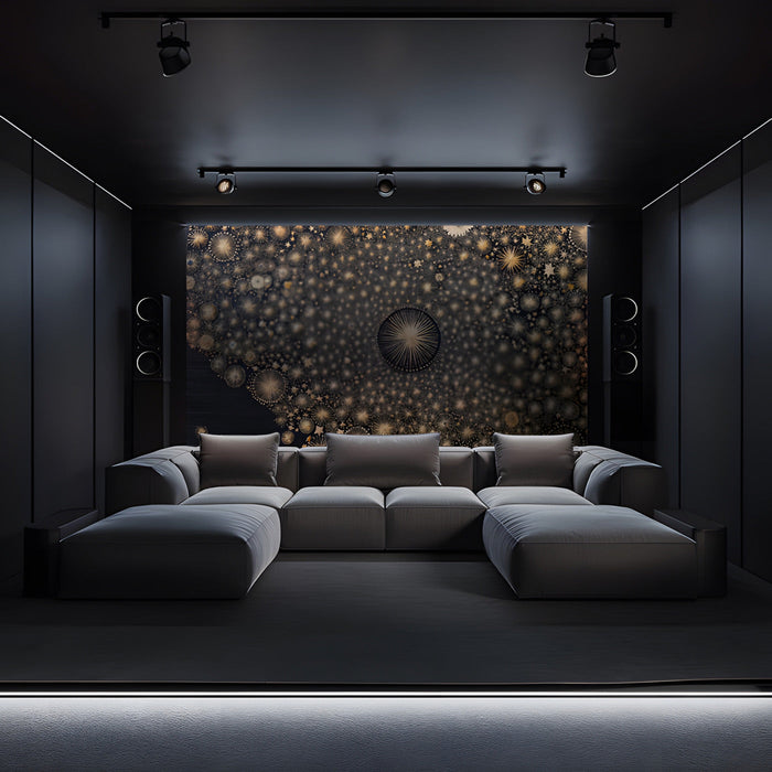 A cozy home theatre wall featuring the charcoal and gold starburst wallpaper as a dramatic headboard backdrop.