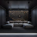 A cozy home theatre wall featuring the charcoal and gold starburst wallpaper as a dramatic headboard backdrop.