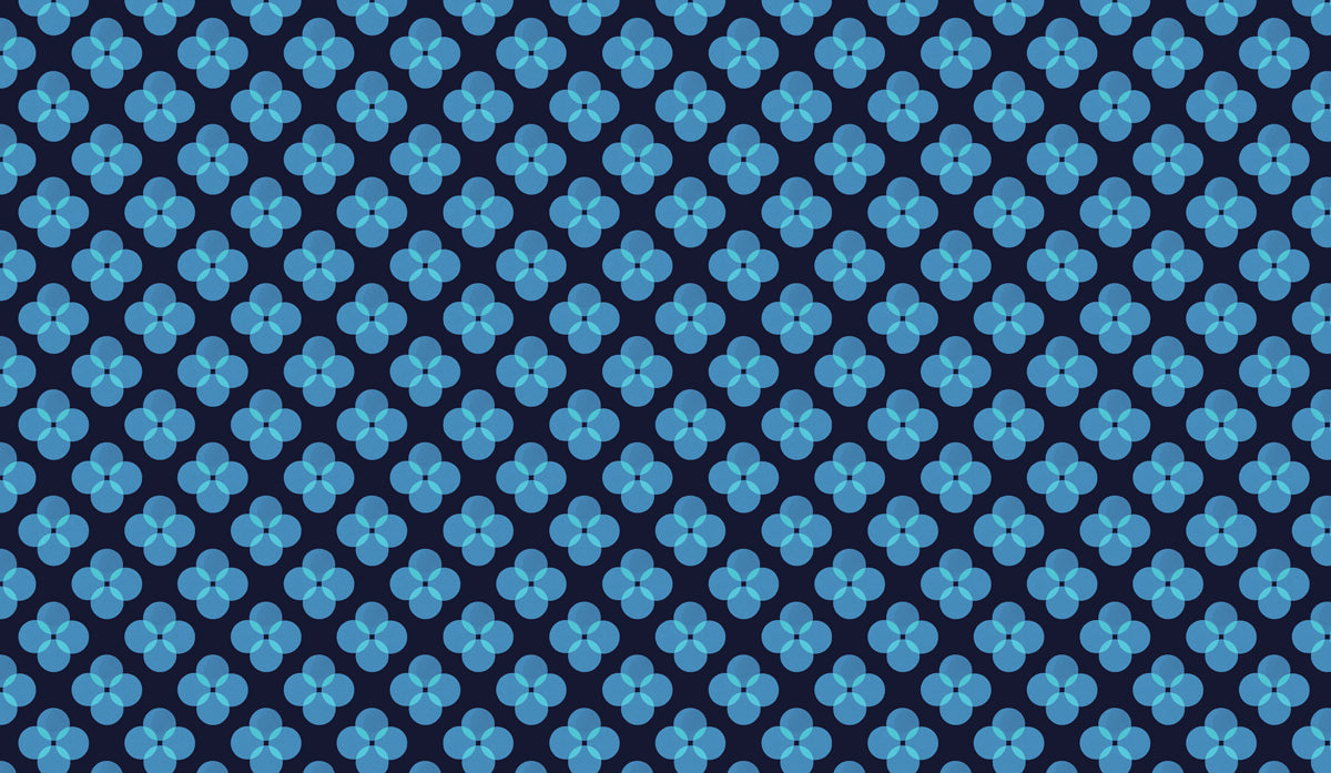 A geometric wallpaper pattern of four-leaf clovers in shades of sky blue and cerulean on a dark midnight blue background