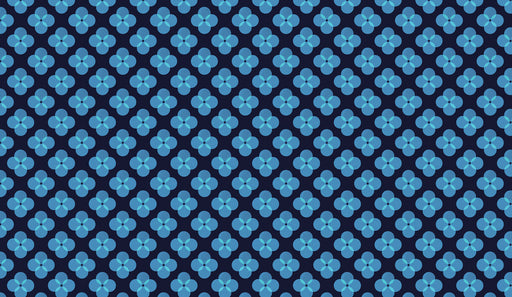 A geometric wallpaper pattern of four-leaf clovers in shades of sky blue and cerulean on a dark midnight blue background