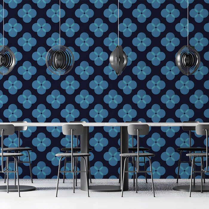 Cafe design with a contemporary geometric clover mural in shades of blue
