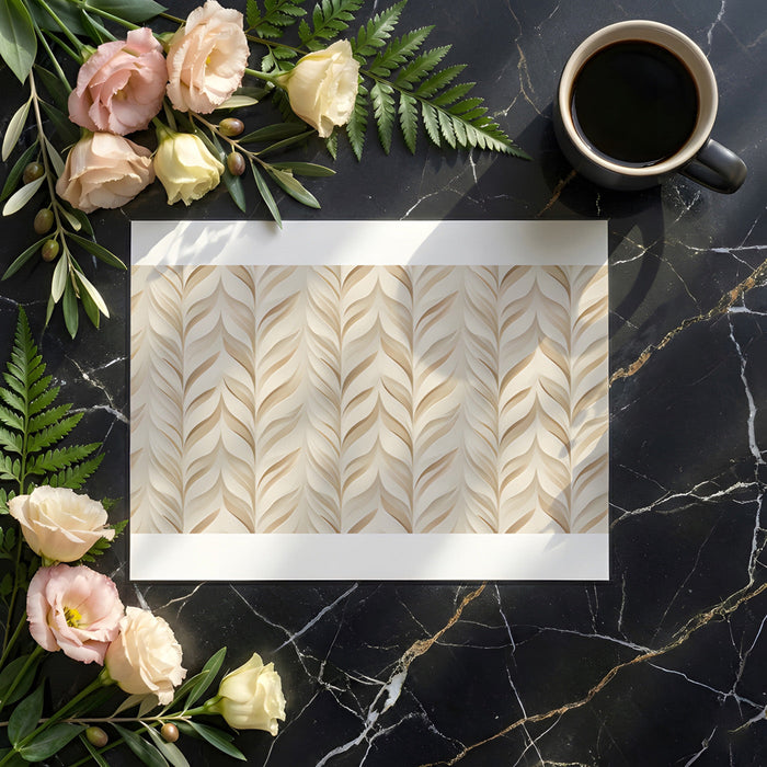 Modern living room with a beige herringbone leaf mural backdrop