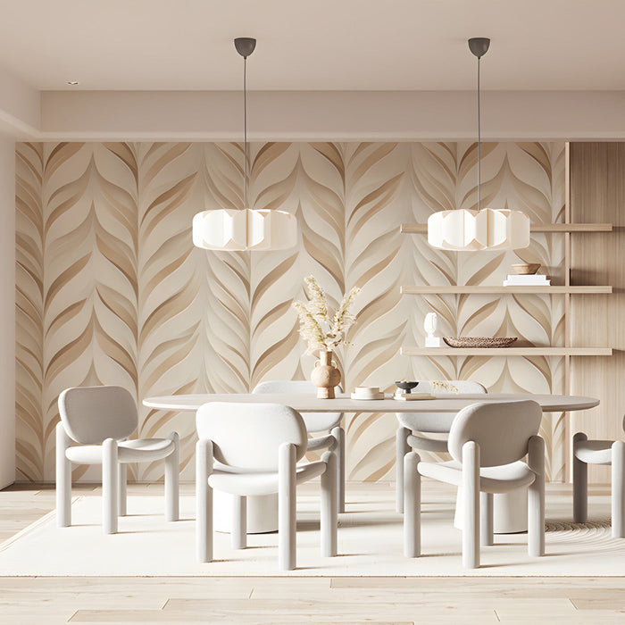 Minimalist meeting room wall featuring a soft neutral leaf patterned wallpaper