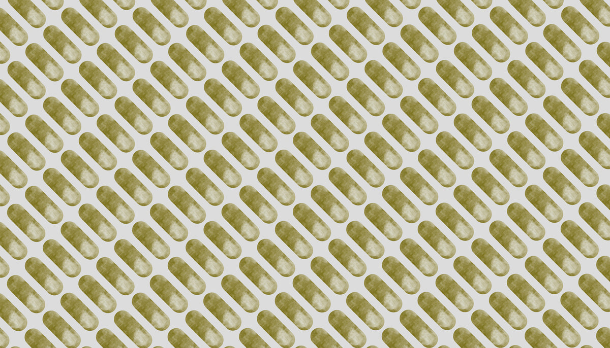 Geometric pattern of diagonal olive green watercolor pills on a light gray background