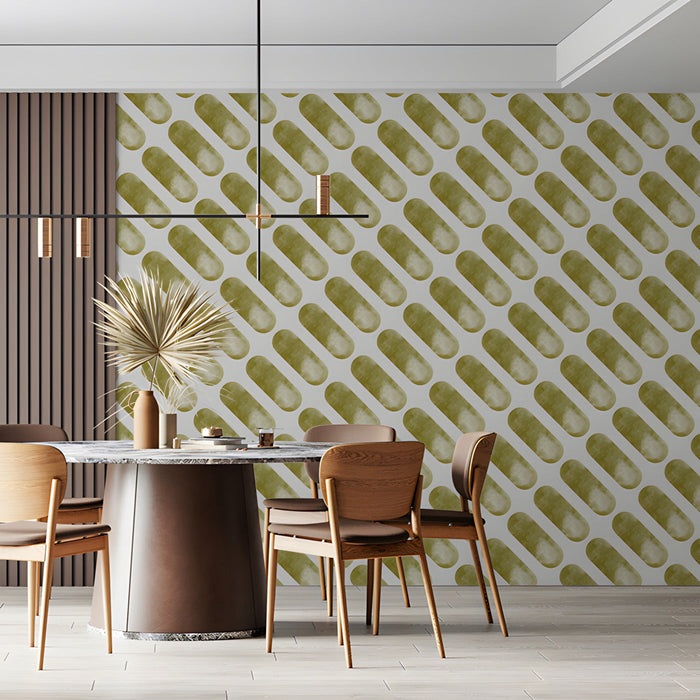 Modern dining room with olive green pill pattern wallpaper